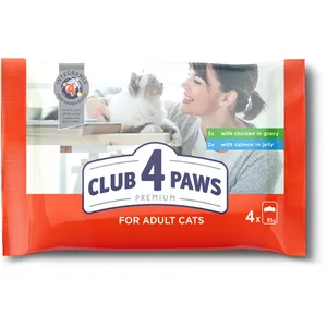 Visavertis konservuotas pašaras katėms su vištiena, lašiša drebučiuose CLUB 4 PAWS Premium, 340 g