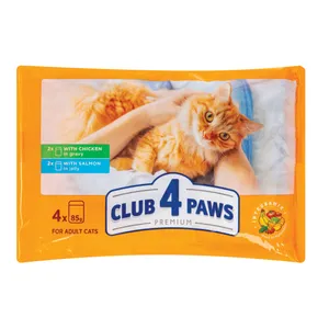 Visavertis konservuotas pašaras katėms su vištiena, lašiša drebučiuose CLUB 4 PAWS Premium, 340 g