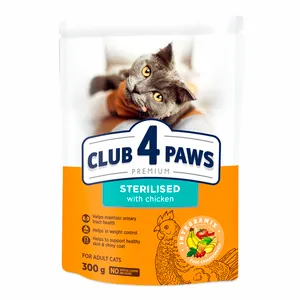 Visavertis pašaras suaugusioms sterilizuotoms katėms CLUB 4 PAWS Premium, 300 g
