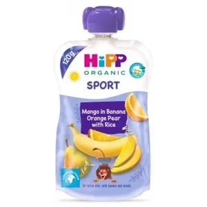Ekologiška bananų, apelsinų, kriaušių ir mango tyrelė su ryžiais, 120 g