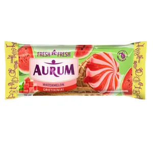 Arbūzų skonio ledai AURUM su arbūzų įdaru vafliniame ragelyje, 150 ml