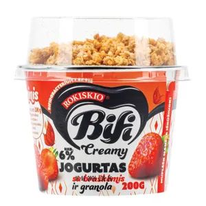 Jogurtas ROKIŠKIO Bifi Creamy su braškėmis ir granola 6% rieb., 200 g