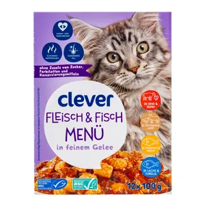 Šlapias kačių ėdalas padaže su mėsa ir žuvimi CLEVER, 12x100 g