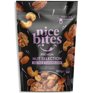 NICE BITES sūrios karamelės skonio skrudintų ir neskrudintų riešutų mišinys, 150 g