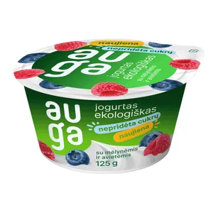 Ekologiškas jogurtas su mėlynėmis ir avietėmis, 3,5 % rieb. AUGA, 125 g