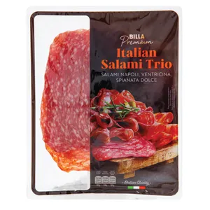 Itališko saliamio trio BILLA PREMIUM  Saliami Napoli, Salami Ventricina ir Salami Spianata Dolce, 120 g