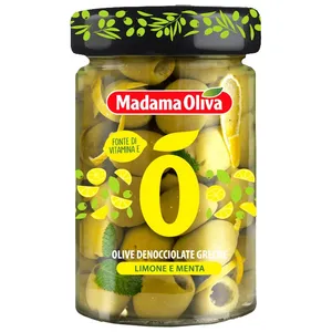Graikiškos žaliosios alyvuogės be kauliukų su citrinų žievelėmis ir mėtų lapais MADAMA OLIVA, 140 g