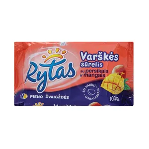 Varškės sūrelis RYTAS su persikais ir mangais, 100 g