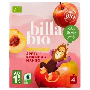 Ekologiška persikų ir mangų skonio tyrelė vaikams BILLA BIO, 4 x 90 g