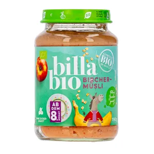 Viso grūdo avižinių dribsnių tyrelė su bananais ir obuoliais BILLA BIO, 190 g