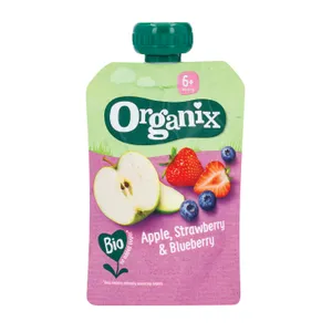 Tyrė su braškėmis, obuoliais ir mėlynėmis ORGANIX EKO nuo 6 mėn., 100 g