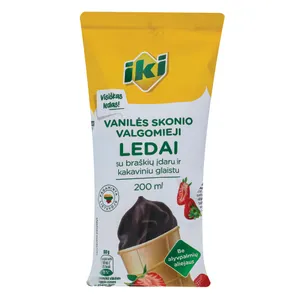 Braškių skonio valgomieji ledai su kakaviniu glaistu IKI, 200 ml
