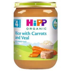 Ekologiška morkų, ryžių ir veršienos tyrelė nuo 4 mėn. HIPP