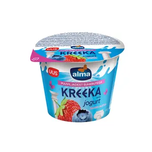 ALMA graikiško stiliaus jogurtas su braškėmis ir mėlynėmis, 3,4% rieb., su vaisių cukrumi, 180 g