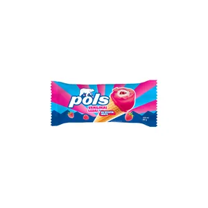 Pols grietininiai vaniliniai ledai su aviečių įdaru ir aviečių glaistu vafliniame kūgyje, 150ml/90g