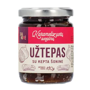 Karamelizuotų svogūnų užtepas su kepta šonine