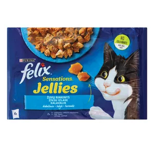 Visavertis šlapiasis ėdalas suaugusioms katėms drebučiuose FELIX SENSATIONS Fish Selection, 4x85 g