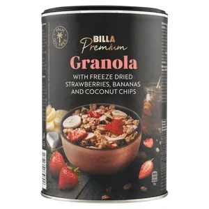 Granola su džiovintomis braškėmis, bananais ir kokosais BILLA PREMIUM, 300 g