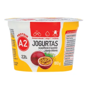 Jogurtas iš A2 pieno be laktozės su pasiflorais ir ispaninio šalavijo sėklomis, vitaminais, mineralais ir omega-3 riebalų rūgštimis 2,3% rieb., 180g