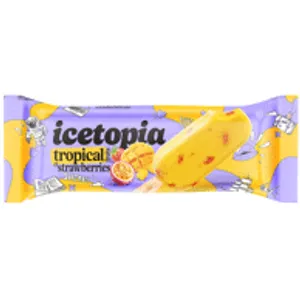Tropinių vaisių šerbetas su braškių  gabaliukais ICETOPIA, 80 ml