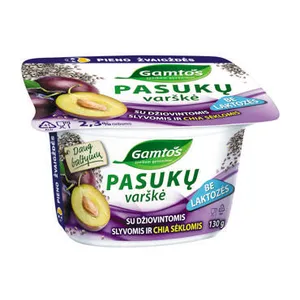Pasukų varškė be laktozės GAMTOS su dž. slyvomis ir chia sėklomis, 2,3% r., 130g