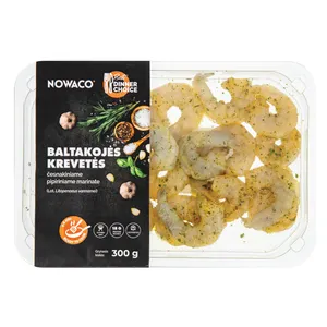 Baltakojės blyškiosios krevetės česnakiniame pipiriniame marinate, atitirpintos 300g.