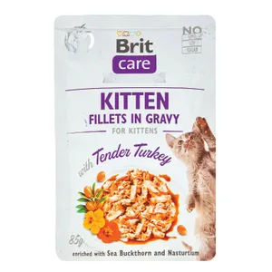 Konservuotas pašaras kačiukams BRIT CARE KITTEN FILLETS IN GRAVY TURKEY POUCH, 85 g 