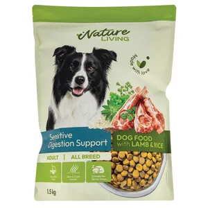 Sausas pašaras suaugusiems šunims su ėriena ir ryžiais NATURE LIVING SENSITIVE DIGESTION SUPPORT, 1,5 kg