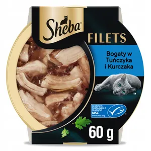 Visavertis šlapias ėdalas suaugusioms katėms su vištiena ir tunu SHEBA Filets, 60 g