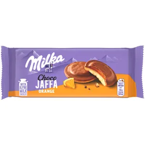 Biskvitiniai sausainiai su apelsinų skonio želiniu įdaru MILKA, 147 g