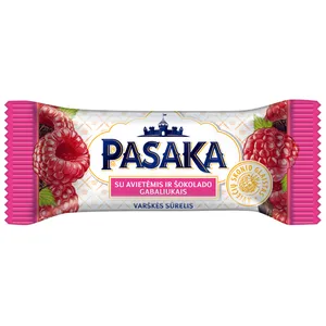 Glaistytas varškės sūrelis su avietėmis ir šokolado gabaliukais PASAKA, 21% rieb., 40 g