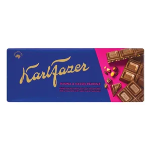 Pieninis šokoladas KARL FAZER su razinomis ir lazdyno riešutais, 180 g