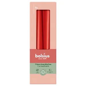 Žvakė BOLSIUS, raudona, D 2,3 cm, L 24,5 cm, 7,5 h, 8 vnt.