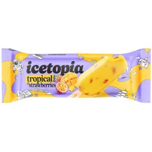 Ledai ICETOPIA tropinių vaisių šerbetas su braškių gabaliukais, 80ml