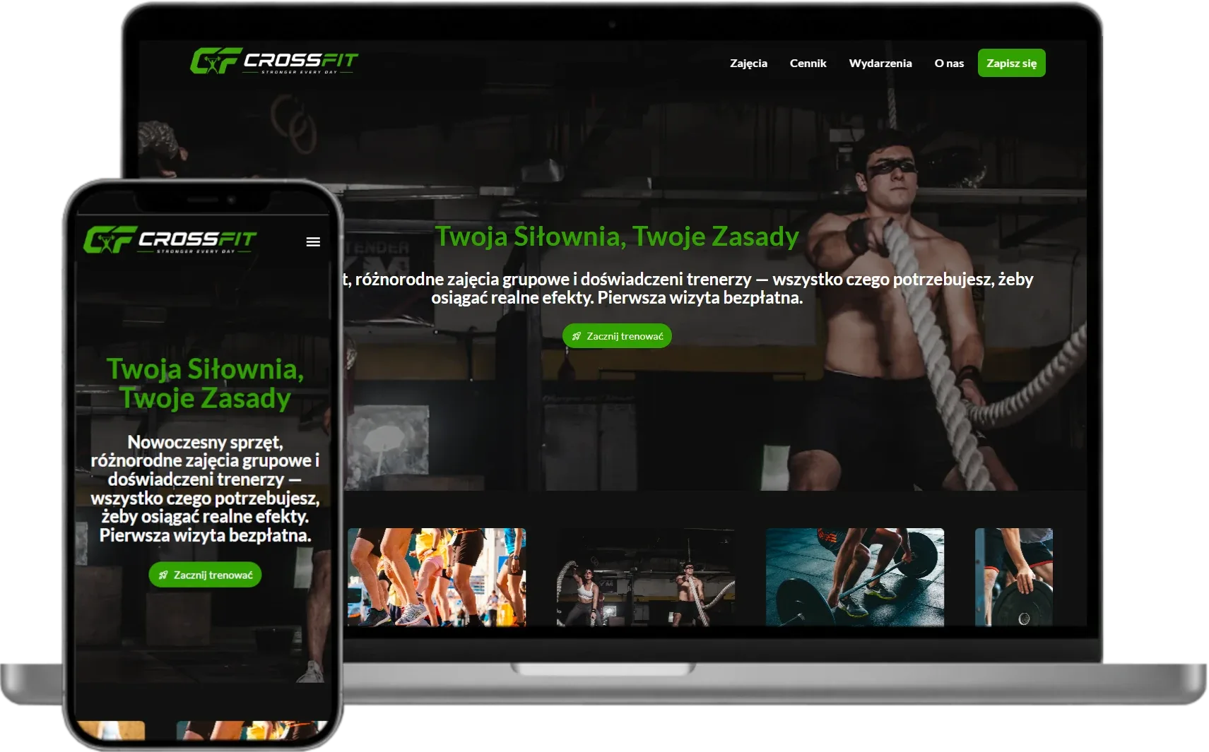 CrossFit box podczas treningu — przykład strony internetowej dla siłowni