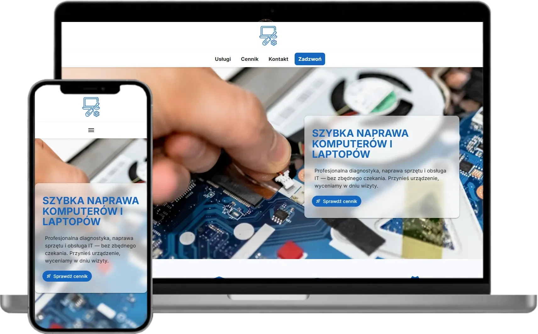 Diagnostyka i naprawa komputera w serwisie — przykład strony internetowej dla serwisu komputerowego