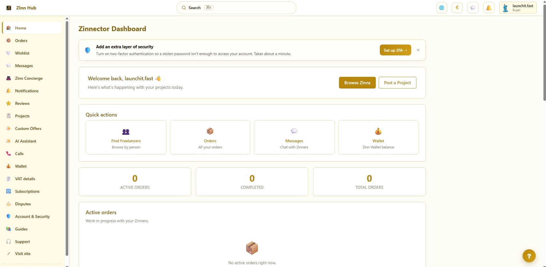 Zinn Hub buyer dashboard with the sidebar showing Orders, Zinn Concierge, Custom Offers, AI Assistant, Calls, Wallet, VAT details, Subscriptions and Disputes