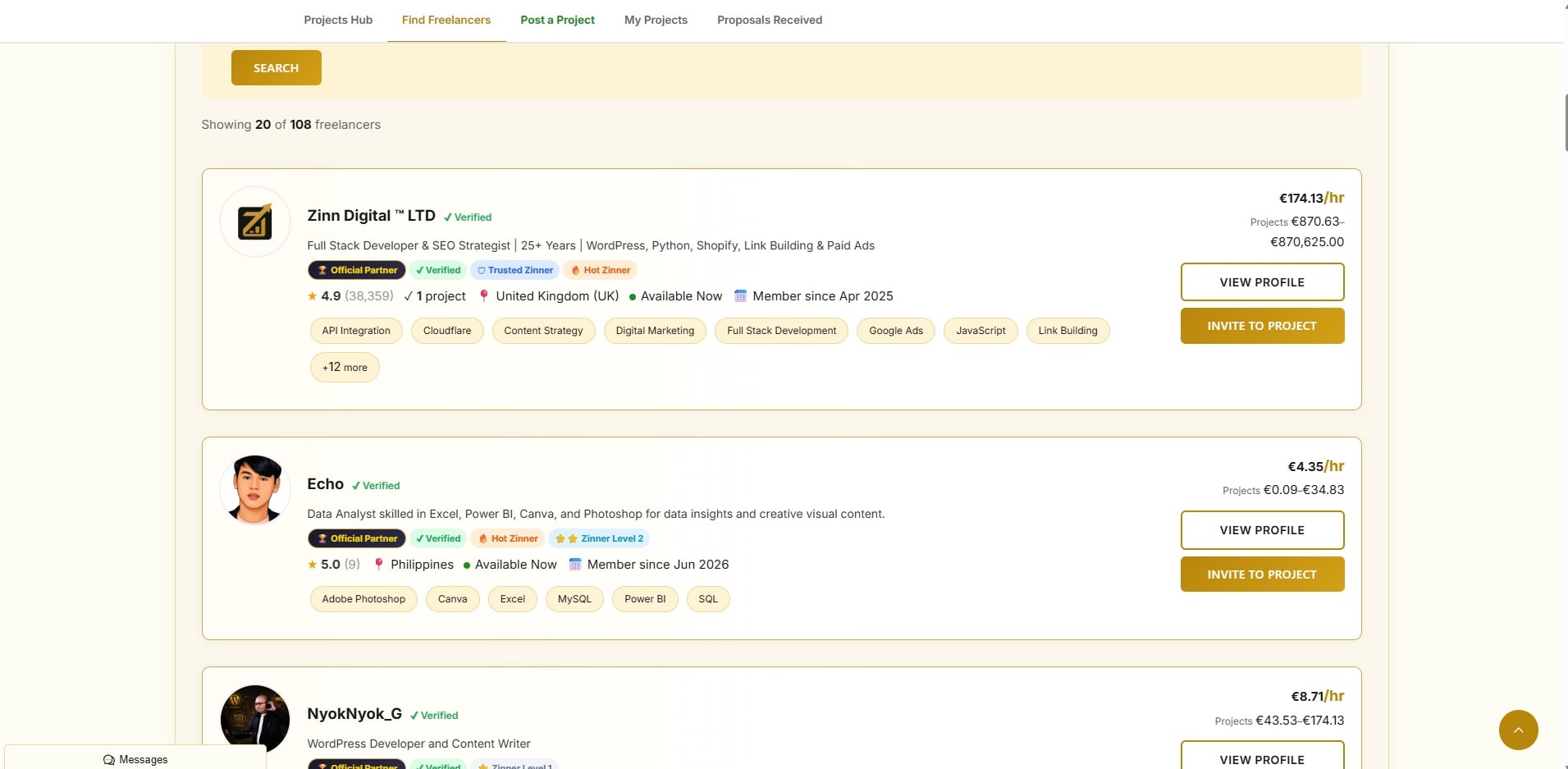 Zinn Hub freelancer directory listing verified freelancers with hourly rates, project ranges, ratings, location, availability and skill tags
