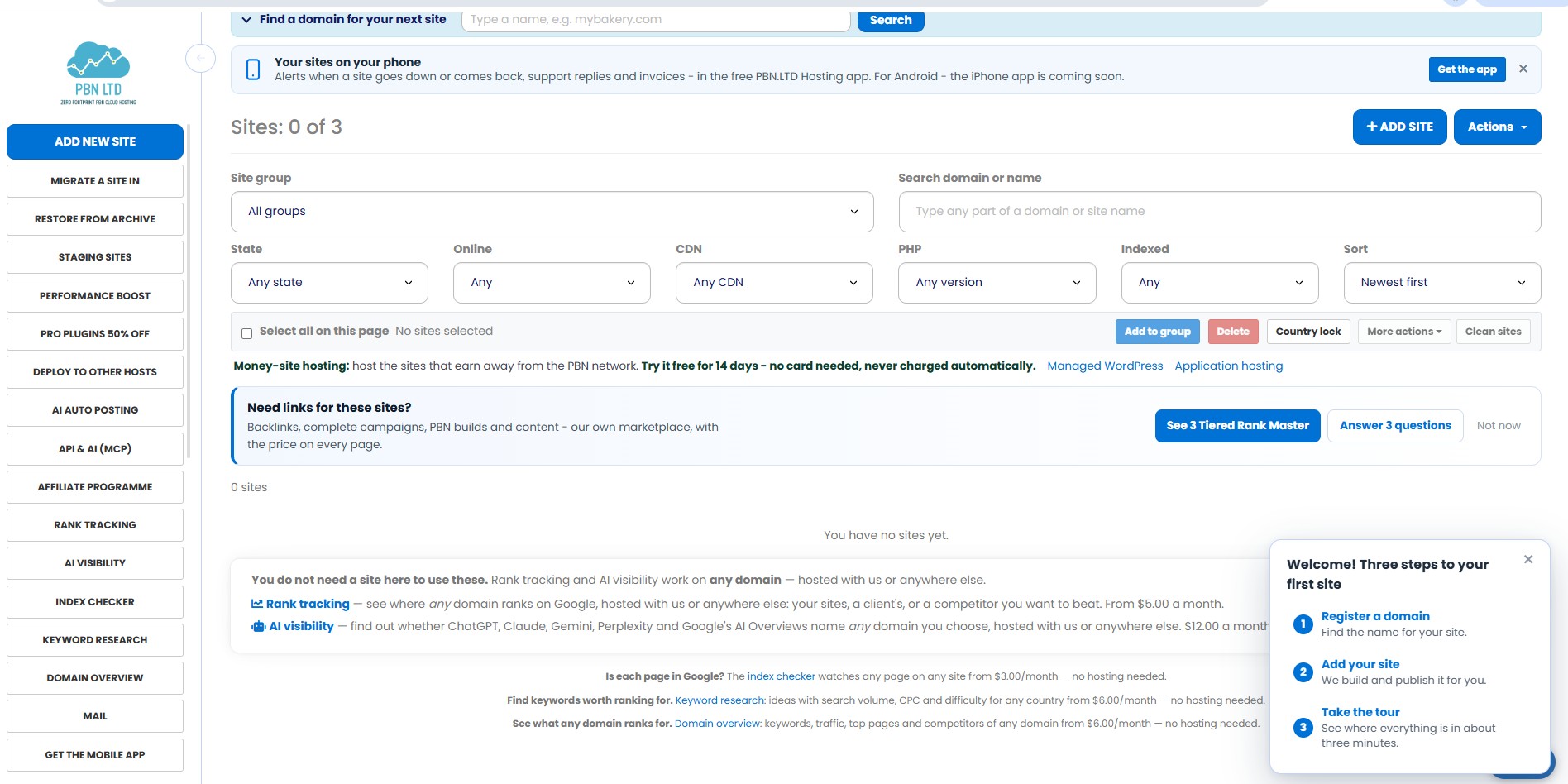 PBN.LTD dashboard showing the sites list with filters for state, CDN, PHP version and index status, and a sidebar with Migrate a site in, Staging sites, AI auto posting, API and MCP, Rank tracking, AI visibility, Index checker and Keyword research