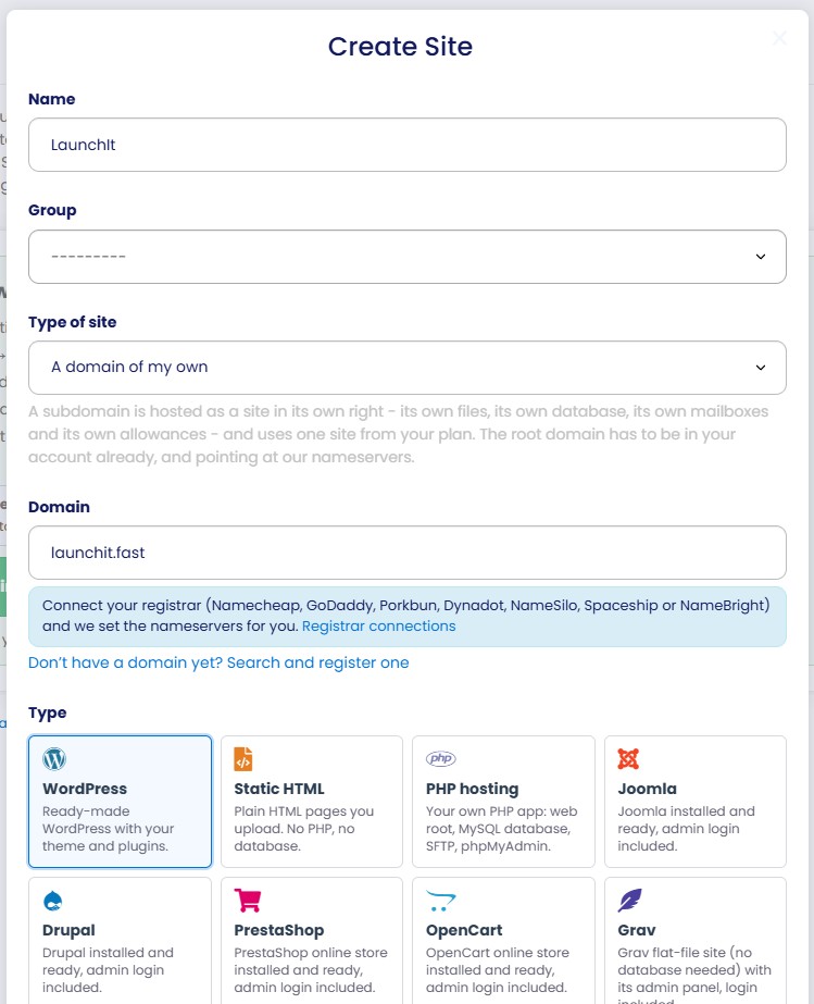 PBN.LTD Create Site form with name, group, domain, registrar connection note and site type tiles for WordPress, Static HTML, PHP hosting, Joomla, Drupal, PrestaShop, OpenCart and Grav