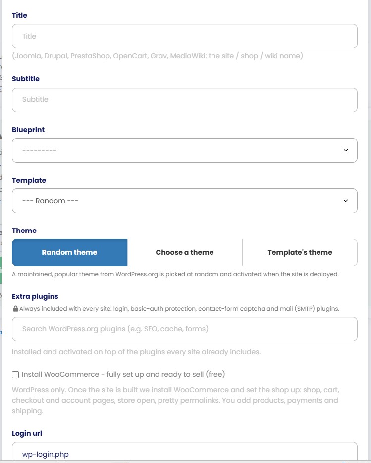 Second half of the PBN.LTD Create Site form with blueprint, template, random theme option, extra plugins search, a WooCommerce install checkbox and a custom login URL field