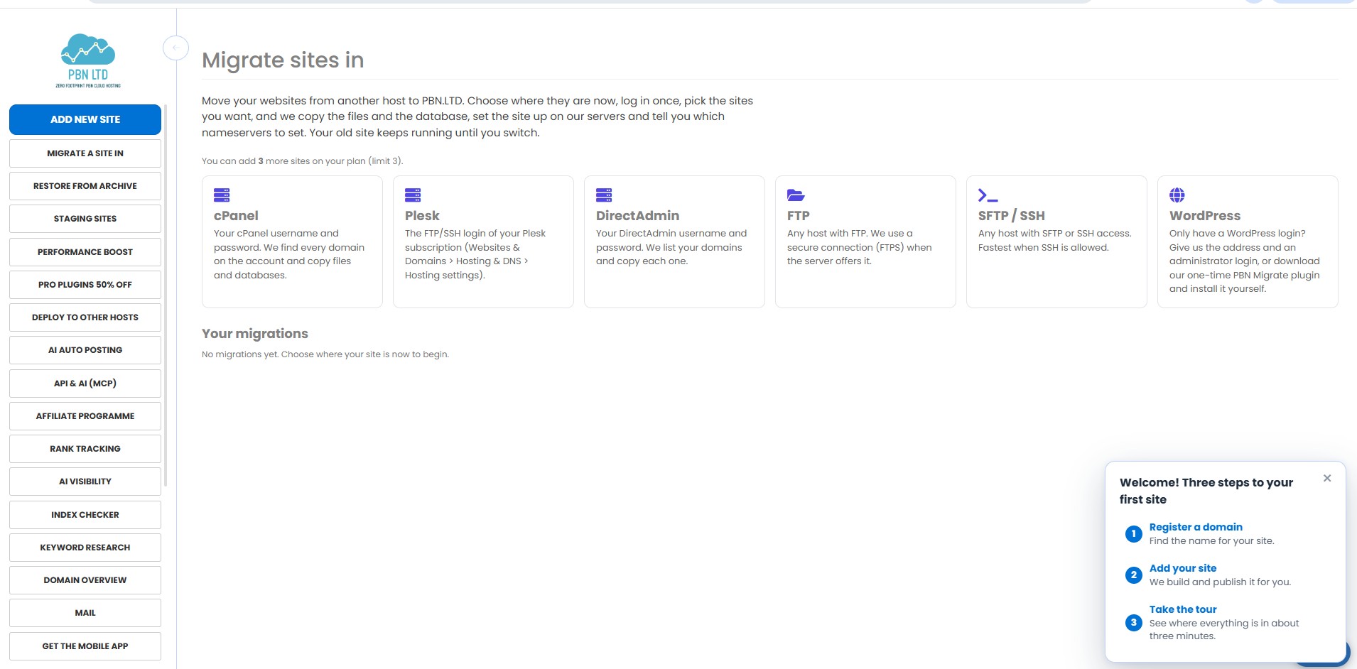 PBN.LTD Migrate sites in screen with six sources: cPanel, Plesk, DirectAdmin, FTP, SFTP or SSH, and WordPress