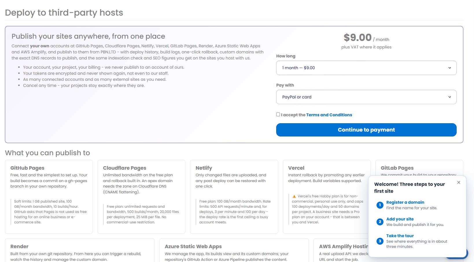 PBN.LTD Deploy to third-party hosts page at 9 dollars a month, listing GitHub Pages, Cloudflare Pages, Netlify, Vercel, GitLab Pages, Render, Azure Static Web Apps and AWS Amplify with the limits of each free plan