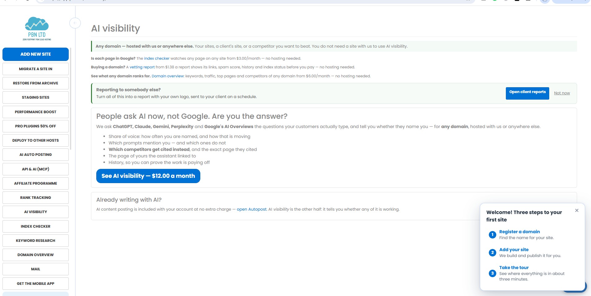 PBN.LTD AI visibility page explaining tracking of ChatGPT, Claude, Gemini, Perplexity and Google AI Overviews for any domain, priced at 12 dollars a month