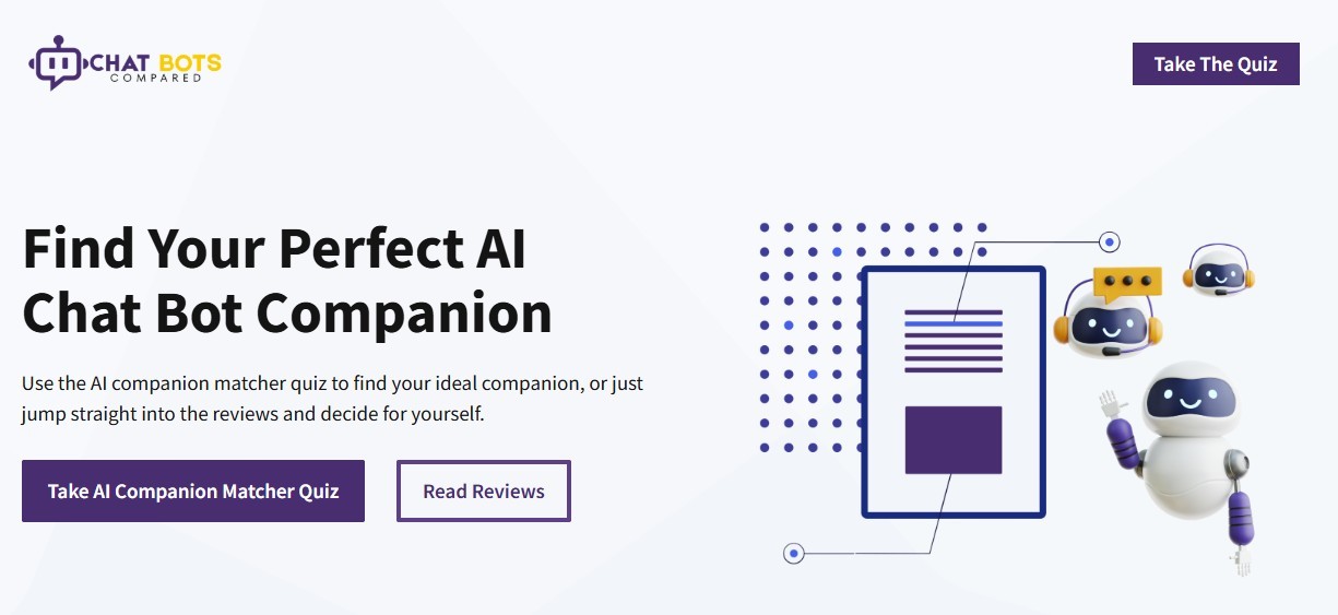 Chat Bots Compared home page with the headline Find Your Perfect AI Chat Bot Companion and two buttons, Take AI Companion Matcher Quiz and Read Reviews