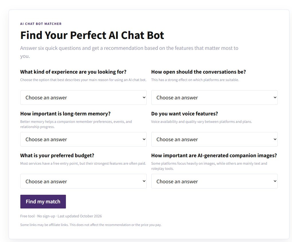 The AI Chat Bot Matcher form with six questions: kind of experience, how open the conversations should be, long-term memory, voice features, preferred budget and AI-generated images