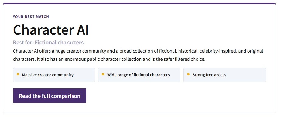 Matcher result: Your best match is Character AI, best for fictional characters, with three highlights: massive creator community, wide range of fictional characters and strong free access