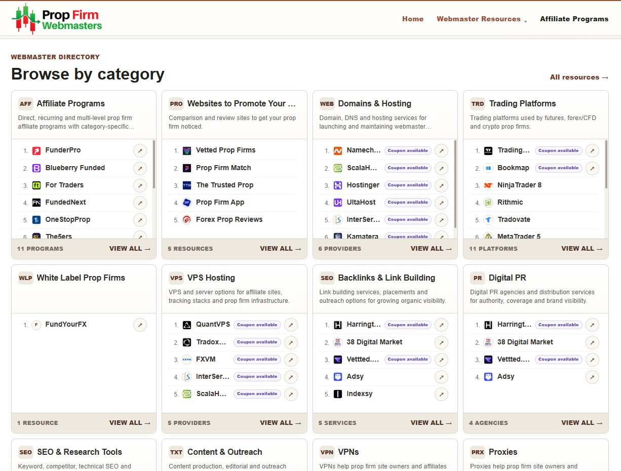 Prop Firm Webmasters home page showing category cards for Affiliate Programs, Websites to Promote Your Prop Firm, Domains and Hosting, Trading Platforms, White Label Prop Firms, VPS Hosting, Backlinks and Link Building and Digital PR