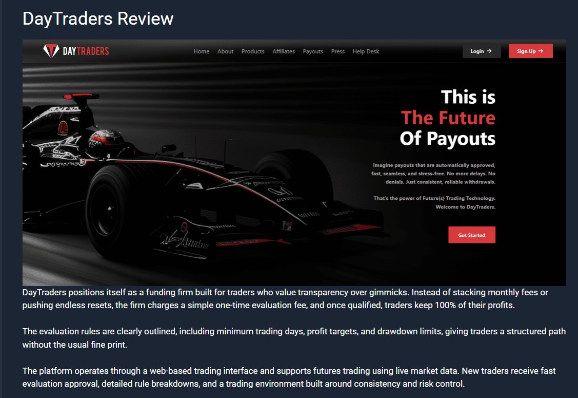 The DayTraders review on Vetted Prop Firms, opening with a screenshot of the DayTraders website and a summary of its one-time evaluation fee and 100 percent profit share