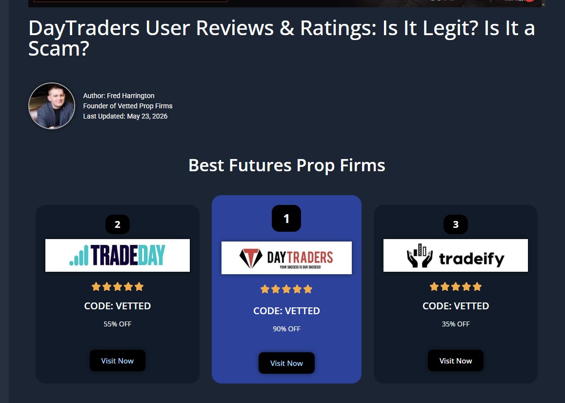Best Futures Prop Firms podium inside a review: DayTraders first, TradeDay second and Tradeify third, each with the code VETTED and its discount